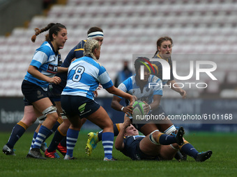 Tiana Gordon of Darlington Mowden Park Sharks is tackled during the WOMEN'S ALLIANZ PREMIER 15S match between Darlington Mowden Park Sharks...