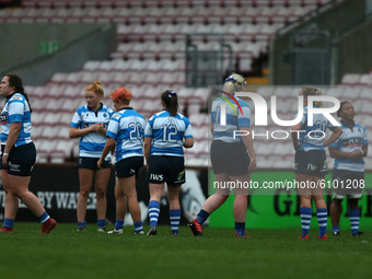 Players at the final whistle during the WOMEN'S ALLIANZ PREMIER 15S match between Darlington Mowden Park Sharks and Worcester Warriors at th...