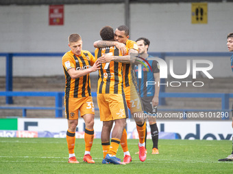 Mallik Wilks of Hull City FC celebrates his second goal with his team mates during the Sky Bet League 1 match between Rochdale and Hull City...