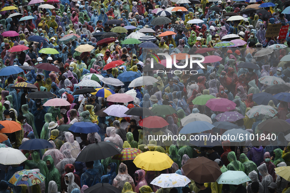 Thai protesters gather at the Victory Monument during an anti-government protest in Bangkok, Thailand, 18 October 2020. 