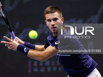 Borna Coric of Croatia during his ATP St. Petersburg Open 2020 international tennis tournament final against Andrey Rublev of Russia on Octo...