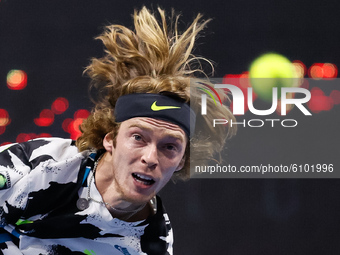 Andrey Rublev of Russia serves the ball during his ATP St. Petersburg Open 2020 international tennis tournament final against Borna Coric of...