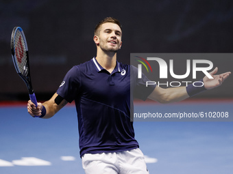 Borna Coric of Croatia reacts during his ATP St. Petersburg Open 2020 international tennis tournament final against Andrey Rublev of Russia...