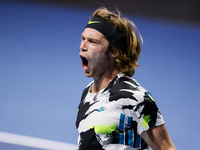 Andrey Rublev of Russia celebrates during his ATP St. Petersburg Open 2020 international tennis tournament final against Borna Coric of Croa...