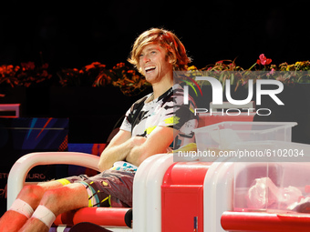 Andrey Rublev of Russia laughs during prize-giving ceremony after his ATP St. Petersburg Open 2020 international tennis tournament final mat...