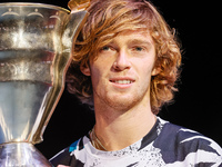 Andrey Rublev of Russia celebrates with the trophy after winning his ATP St. Petersburg Open 2020 international tennis tournament final matc...