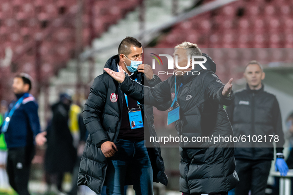 CFR Cluj's coach Dan Petrescu protesting referee's decision, during the 7th game in the Romania League 1 between CFR Cluj and FC Botosani, a...