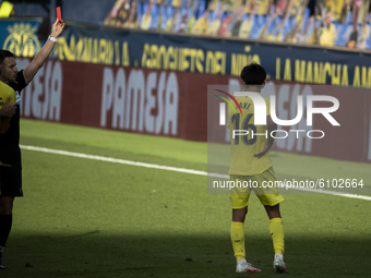 Del Cerro Grande referee show red card to Takefusa Kubo of Villarreal CF    during  spanish La Liga match betwee Villarreal CF and Valencia...