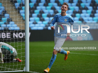  Citys Cole Palmer celebrates making it 4-0 during the Premier League 2 match between Manchester City and Leicester City at the  Academy Sta...
