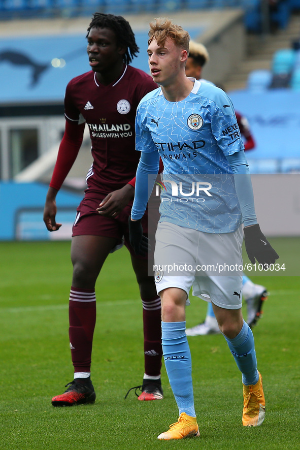   City’s Cole Palmer during the Premier League 2 match between Manchester City and Leicester City at the  Academy Stadium, Manchester, Engla...