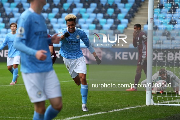  Citys Felix Nmecha celebrates making it 1-0 during the Premier League 2 match between Manchester City and Leicester City at the  Academy St...