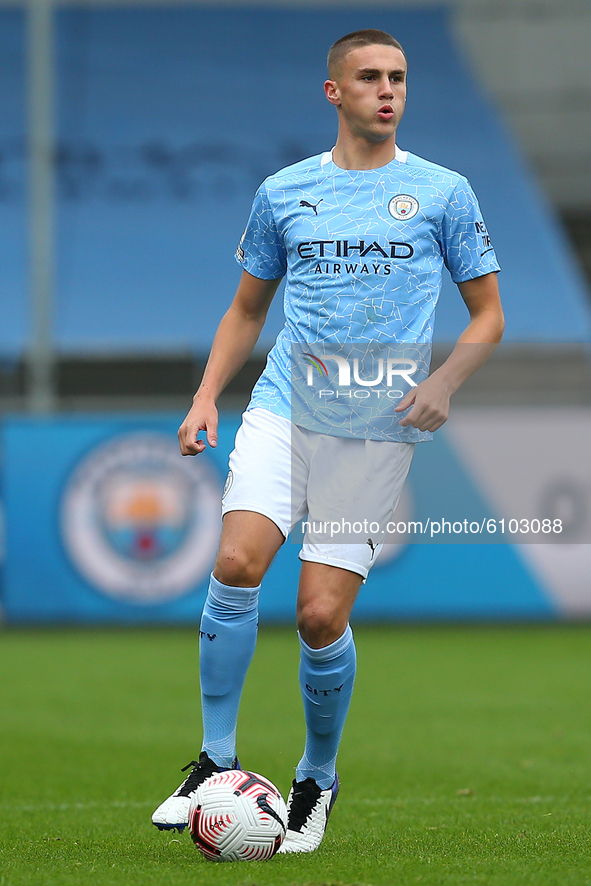  Manchester Citys Taylor Harwood- Belis during the Premier League 2 match between Manchester City and Leicester City at the  Academy Stadium...