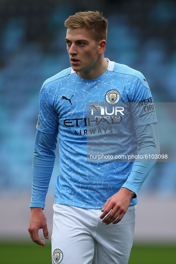  Citys Liam Delap during the Premier League 2 match between Manchester City and Leicester City at the  Academy Stadium, Manchester, England...
