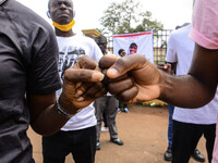Protesters demonstrate as Christian protesters gather for Sunday services in Lagos on October 19, 2020. As Christians hold Sunday Church Ser...