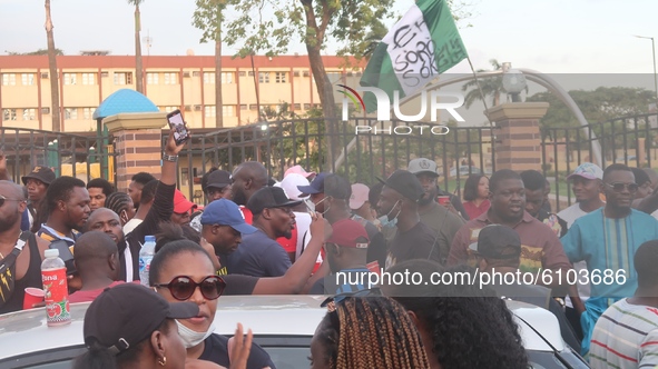 Youths continue their #ENDSARS protest in Lagos, Nigeria, on Sunday, October 18, 2020. The protesters are calling for the scrapping of polic...