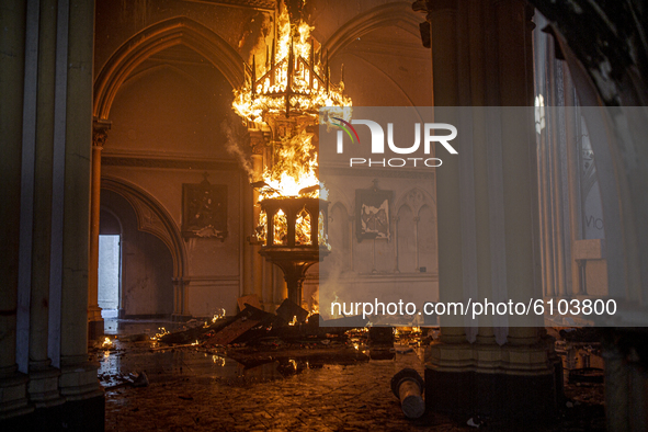 Fire in the Institutional Church of Carabineros (San Francisco de Borja) in Santiago, Chile on October 18, 2020.
During the one-year commem...