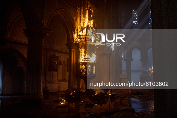 Fire in the Institutional Church of Carabineros (San Francisco de Borja) in Santiago, Chile on October 18, 2020.
During the one-year commem...