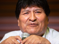 Exiled former president of Bolivia Evo Morales talks to press on the day after the general elections in Bolivia on October 19, 2020 in Bueno...