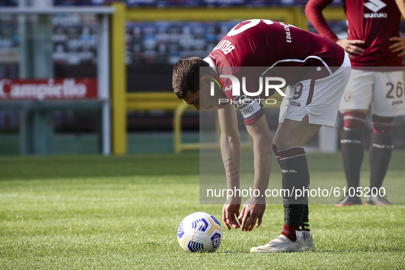Torino forward Andrea Belotti (9) prepares to shoot penalty kick during the Serie A football match n.4 TORINO - CAGLIARI on October 18, 2020...