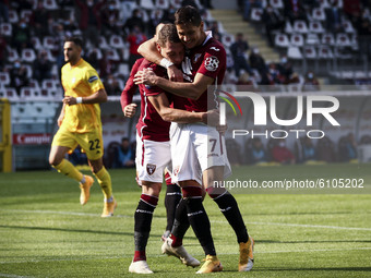 Torino forward Andrea Belotti (9) celebrates with Torino midfielder Sasa Lukic (7) after scoring his goal to make it 1-0 during the Serie A...