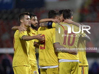 Darius Olar, Andrei Ciobanu, George Ganea, Dennis Man and Alexandru Matan of Romania U21 celebrate during the soccer match between Romania U...