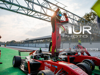 Pasma Patrick 5 of Kic Motorsport celebrates in parc ferme during the Formula Regional European Championship at Autodromo Nazionale di Monza...