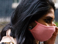 Attorney General Suella Braverman, Conservative Party MP for Fareham, arrives on Downing Street wearing a face mask for the weekly cabinet m...