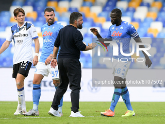 Gennaro Gattuso manager of SSC Napoli celebrates the victory with Kalidou Koulibaly of SSC Napoli during the Serie A match between SSC Napol...
