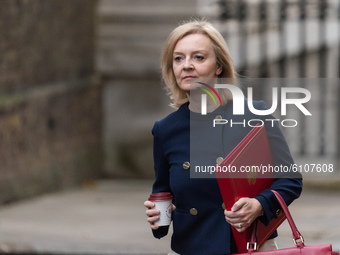 Secretary of State for International Trade and President of the Board of Trade, Minister for Women and Equalities Liz Truss arrives in Downi...