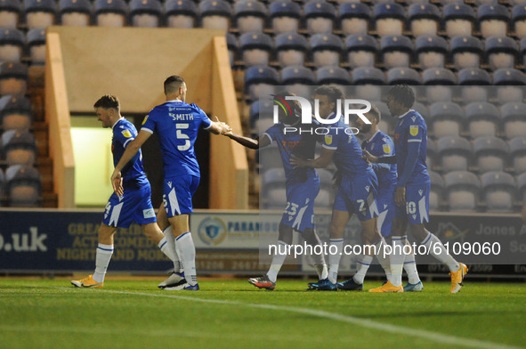 Colchester celebrate the only goal during the Sky Bet League 2 match between Colchester United and Forest Green Rovers at the Weston Homes C...