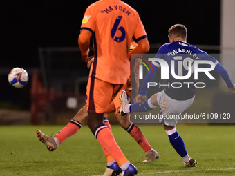 Oldham Athletic's Zak Dearnley scores his sides equalising goal during the Sky Bet League 2 match between Oldham Athletic and Carlise United...