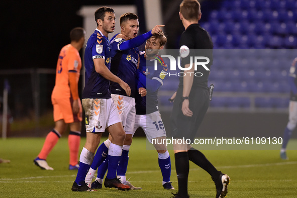 Oldham Athletic's Zak Dearnley celebrates his sides equalising goal during the Sky Bet League 2 match between Oldham Athletic and Carlise Un...