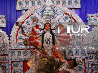 A glimpse of the beautiful idol of Goddess Durga  of community puja pandal  ahead of the Hindu festival 'Durga Puja' in Kolkata ,India on Oc...