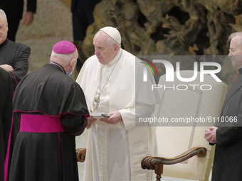 Pope Francis meets with bishops in the Paul VI hall on the occasion of the weekly general audience at the Vatican, Wednesday, Oct. 21, 2020....