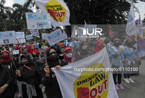 Indonesian Unions held a protest against government's new job law (Omnibus Law) on job creation in Bogor, West Java, on October 21, 2020. De...