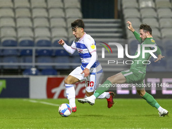 QPRs Ilias Chair avoids a tackle by Prestons Alan Browne during the Sky Bet Championship match between Queens Park Rangers and Preston North...