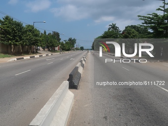 Deserted road in Lagos, Nigeria on Wednesday, October 21, 2020. The Government of Lagos State, Nigeria, on Tuesday announced curfew in the s...