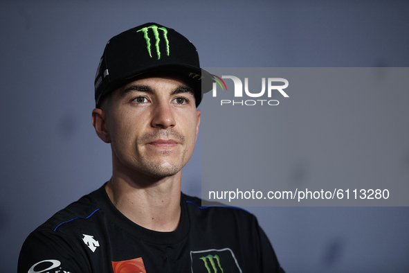 Maverick Vinales (12) of Spain and Monster Energy Yamaha MotoGP during the press conference ahead of the MotoGP of Teruel at Motorland Arago...
