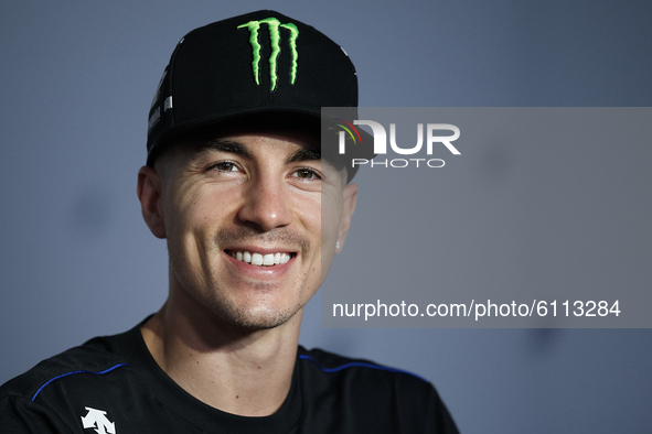 Maverick Vinales (12) of Spain and Monster Energy Yamaha MotoGP during the press conference ahead of the MotoGP of Teruel at Motorland Arago...