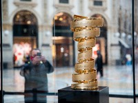 The Trofeo Senza Fine for the winner of the Giro D'Italia 2020 cycling race is on display in Galleria Vittorio Emanuele II on October 21, 20...