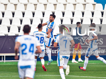 Jose Manuel Arnaiz and Javi Hernandez celebrates a goal during La Liga SmartBank match between CD Leganes and Real Zaragoza at Estadio Munic...