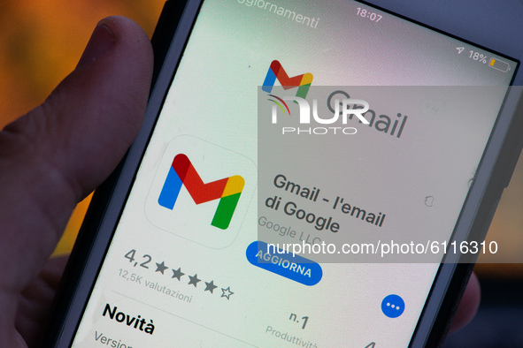 An user opening Gmail App with the new logo in L'Aquila, Italy, on October 23, 2020. After seven years Google Mail Gmail changes its logo. 