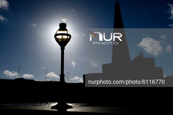 The Shard's silhouette is pictured in London on October 23, 2020.  