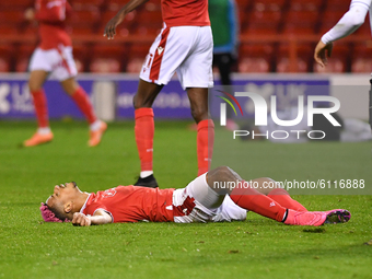 
Lyle Taylor of Nottingham Forest reacts after a missed chance at goal during the Sky Bet Championship match between Nottingham Forest and D...