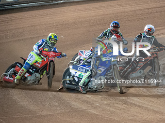
Richie Worrall (Red) leads Sam Masters (White) Chris Harris (Yellow) and Drew Kemp (Blue) during the Peter Craven Memorial Trophy at the Na...