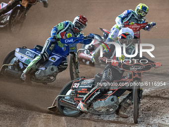 
Sam Masters (White) leads Richie Worrall (Red) with Chris Harris (Yellow) behind  during the Peter Craven Memorial Trophy at the National S...