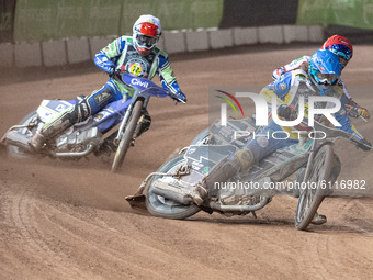 
Richard Lawson (Blue) leads Richie Worrall (White) and Jordan Palin (Red) during the Peter Craven Memorial Trophy at the National Speedway...