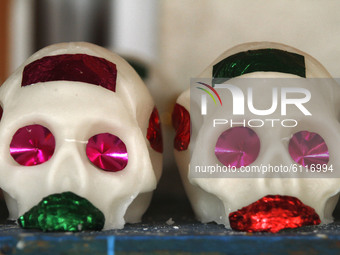 Sugar Skull seen during the making of the traditional Sugar Skull (Calaverita de Azucar); The inhabitants of the town of Xochimilco are dedi...
