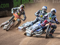 
Brady Kurtz (White) leads Jason Doyle (Blue) and Drew Kemp (Yellow) during the Peter Craven Memorial Trophy at the National Speedway Stadiu...