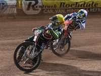 
Jye Etheridge (Yellow) passes Chris Harris (White) during the Peter Craven Memorial Trophy at the National Speedway Stadium, Manchester on...